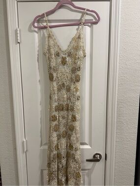 Sue Wong Cream Maxi Slip Dress with Gold Floral Crochet